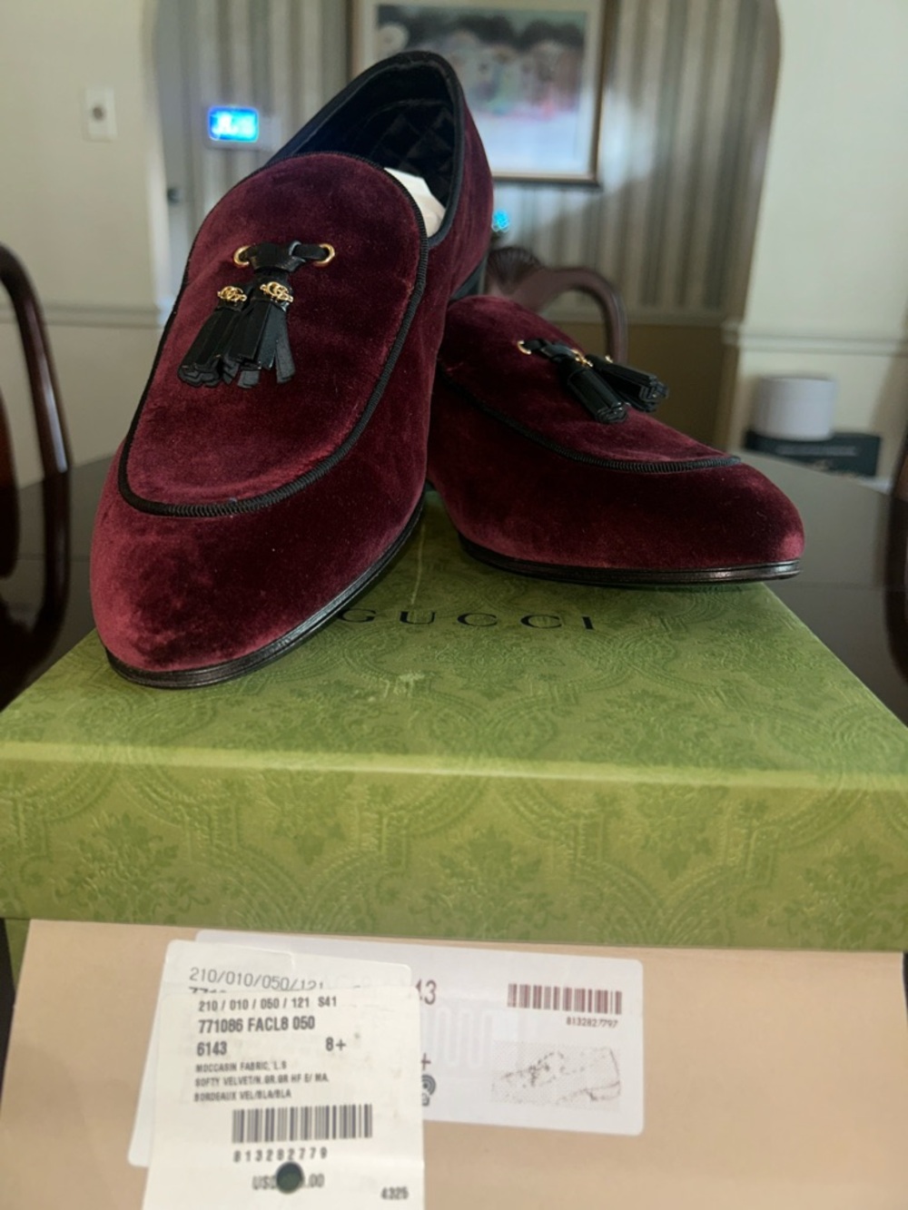 Gucci Men's Wine Velvet Tassel Loafers with Black Tassels
